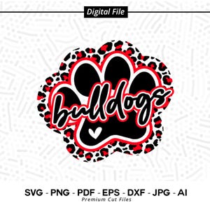 May include: A black paw print with a red outline and a white heart inside. The word "bulldogs" is written in white with a red outline on the paw print. The paw print is on a red and white leopard print background.