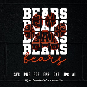 May include: A digital download design featuring a paw print made up of the word "BEARS" repeated four times. The word "bears" is written in cursive below the paw print. The design is on a black brick background.