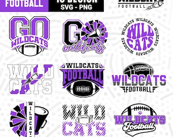 May include: Ten purple and black Wildcat football team logo designs. The logos feature a football, a megaphone, and a cheerleader's pom-pom. The text "WILDCATS FOOTBALL" is included in several of the designs.