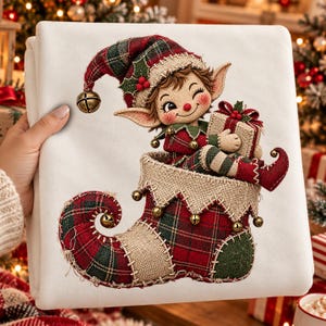 Christmas Elf PNG in a Plaid Stocking, Faux Stitched Patchwork Christmas Shirt Design