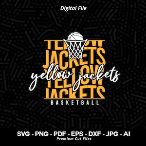 Può includere: Un file digitale per un design di logo di squadra di basket. Il logo presenta una palla da basket che passa attraverso un canestro con le parole "Yellow Jackets" impilate l'una sull'altra. Le parole "Basketball" sono sotto il logo.