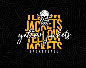 Op de afbeelding: Een digitaal bestand voor een basketbalteamlogo-ontwerp. Het logo toont een basketbal die door een basket gaat met de woorden "Yellow Jackets" boven elkaar gestapeld. De woorden "Basketball" staan onder het logo.
