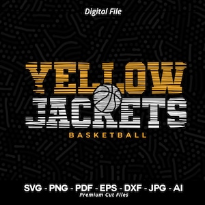 Può includere: Un file digitale per un design di logo di squadra di basket. Il logo presenta il testo "YELLOW JACKETS BASKETBALL" in un design a strisce bianco e giallo con una grafica di pallacanestro.