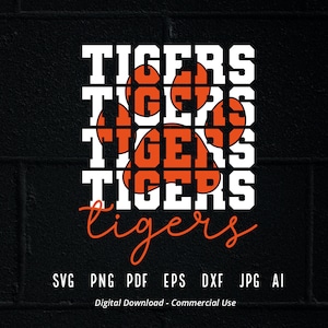 May include: A digital download design featuring the word "TIGERS" repeated four times in white text with a stylized orange paw print in the center. The word "tigers" is written in cursive below the stacked text. The design is on a black brick background with the text "SVG PNG PDF EPS DXF JPG AI" and "Digital Download - Commercial Use" below the design.