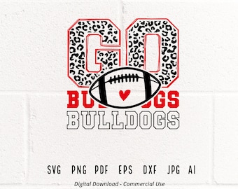 May include: Go Bulldogs! Red and black leopard print letters with a black and white football with a red heart in the center. The words "Bulldogs" are written in black and white below the football.