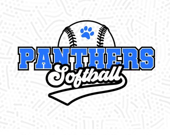May include: A black and white softball graphic with a blue paw print in the center. The text "PANTHERS Softball" is in blue and black letters.