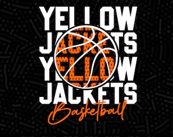 Op de afbeelding: Een wit grafisch ontwerp met de tekst "Yellow Jackets Basketball" en een basketbalafbeelding in het midden. De basketbal is oranje met zwarte naden en witte lijnen.