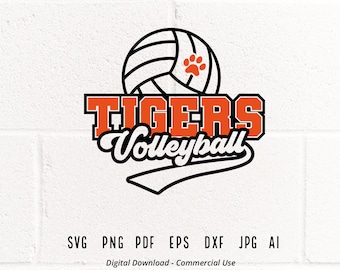 May include: A black and orange volleyball graphic with the text "TIGERS Volleyball" in a black and orange font. The volleyball has a paw print in the center.