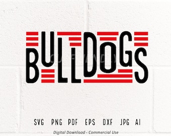 May include: Black and red graphic design with the word "Bulldogs" in bold, black letters. The word is layered with red stripes.