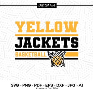 Può includere: Un file digitale per un design di logo di squadra di basket. Il logo presenta le parole "YELLOW JACKETS BASKETBALL" in testo nero e giallo con una palla da basket che passa attraverso una rete.
