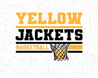 May include: A digital file for a basketball team logo design. The logo features the words "YELLOW JACKETS BASKETBALL" in black and yellow text with a basketball going through a net.