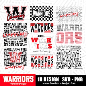 Puede incluir: Diez diseños digitales con la palabra "Warriors" en varios estilos y colores. Los diseños incluyen un patrón a cuadros, un diseño de palabras apiladas y un diseño con una gran "W" en el centro.