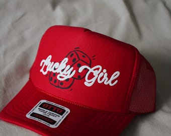 Lucky Girl, Valentine's Gift, Trendy Apparel, Puff Print, Teen accessories, Lucky me, Trucker Hat, Otto Premium foam Trucker Hat