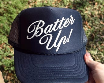 Batter Up Trucker Hat, Baseball Mom, Baseball season, MLB, Sports Hat Mom, Puff Print