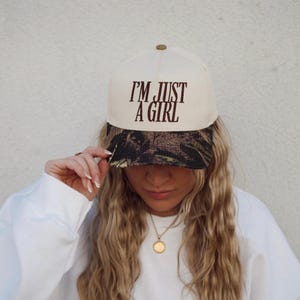 I&#39;m Just A Girl Camo Embroidered Two Tone Canvas Snapback Trucker Hat