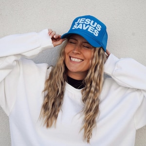 Jesus Saves Trucker Hat, Christian, Faith Apparel, Puff Print, Church, Jesus, Everyday Hat, Otto Premium foam Trucker Hat