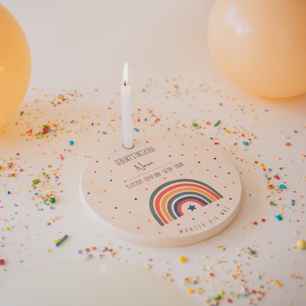 Geburtstagsteller mit Kerze Regenbogen Stern | Geburtstagsgeschenk, Kindergeburtstag deko, personalisiert mit Name und Geburtsdaten