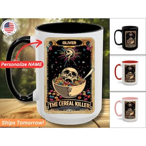 Tasse personnalisée de carte de tarot de tueur de céréales tasse de café de tueur en série tasse de cadeau drôle mystique de carte de tarot de squelette tasse de cadeau de sorcière de thème de conception