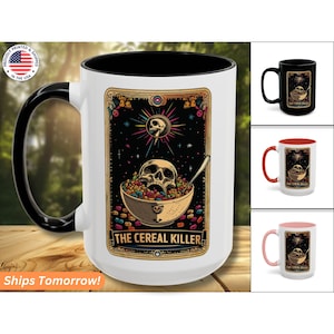 Mug carte de tarot tueur de céréales café tueur en série tasse poignée noire Mug cadeau drôle mystique carte de tarot squelette Design thème Mug cadeau sorcière