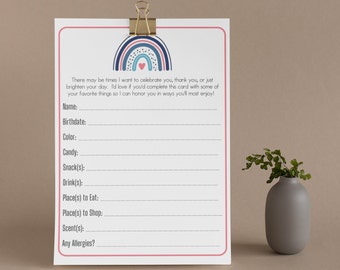 Favorite Things List, Questionnaire, Printable, Teacher Gift Ideas