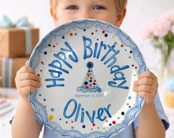 Personalized Boys Birthday Plate, Custom Name Ceramic Plate, Party Hat Colorful Dots, Kids Keepsake Gift, Birthday Party Decor P423X2X0