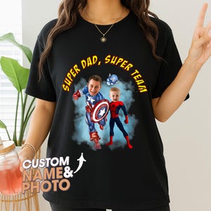 Aangepast shirt voor supervader en zoon cartoon portret, T-shirt met karikatuur superheld, grappig T-shirt vader en zoon, gepersonaliseerd cadeau vader