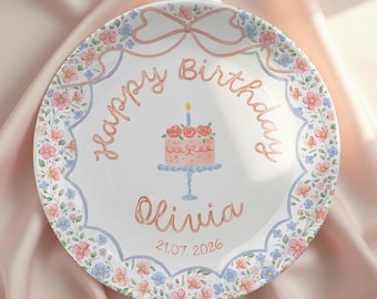 Personalized Birthday Plate for Girl – Custom Pink Cake Plate with Name – Floral Ceramic Keepsake Gift P228EAZ0