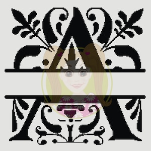 Peut inclure: Monogramme divisée en noir et blanc avec l'initiale "A" et des ornements floraux. Le visage d'une fille est visible au centre du monogramme.
