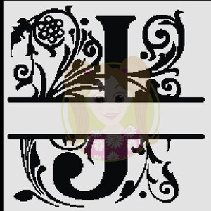 May include: Black and white monogram initial letter J with ornate floral designs. The letter is split in half with a space for a name.
