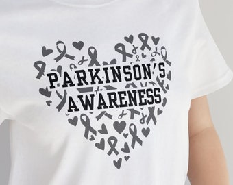 Parkinson's Disease Awareness Shirt, Gray Silver Heart Ribbon,  Parkinson's Support Tee, Parkinsons Gift