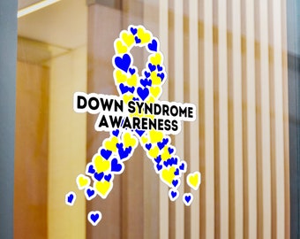Down Syndrome Awareness Ribbon Vinyl Decal, Blue and Yellow Ribbon Car Sticker