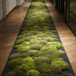 Può includere: Un lungo tappeto rettangolare con sfondo scuro è ricoperto da un fitto strato di muschio verde vibrante. Il tappeto corre lungo un corridoio con pavimenti in legno e pareti bianche. Le parole "Woven Craft" sono stampate sul lato del tappeto.