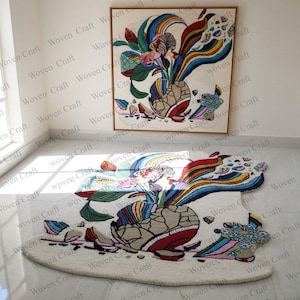 Peony Flower Wool Rug: Colorful Rustic Farmhouse Decor