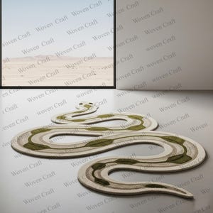 Peut inclure: Un tapis en forme de serpent, avec un motif crème, vert et marron. Le tapis est posé sur une surface claire. L'image comprend également un tableau encadré d'un paysage désertique.