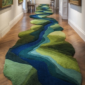 Könnte beinhalten: Ein langer, fließender Teppich in einem Flur, der einem Fluss ähnelt. Der Teppich weist Blau- und Grüntöne auf und erzeugt ein Landschaftsdesign. Die Abmessungen des Teppichs sind im Bild nicht sichtbar.