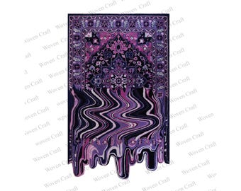 May include: A purple and black patterned rug with a design that looks like it is melting. The rug has a traditional Persian design with intricate details.