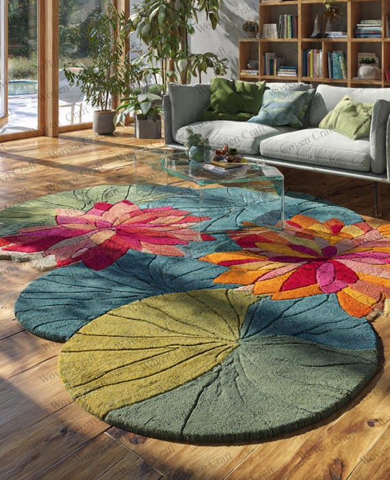 Handgetufteter Blumen Teppich aus Wolle mit abstraktem Blatt Design