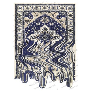 May include: A rectangular rug with a traditional design, featuring a navy blue and beige color scheme. The rug's pattern appears to be melting or flowing at the bottom, creating a unique visual effect. The words "Woven Craft" are printed at the bottom.