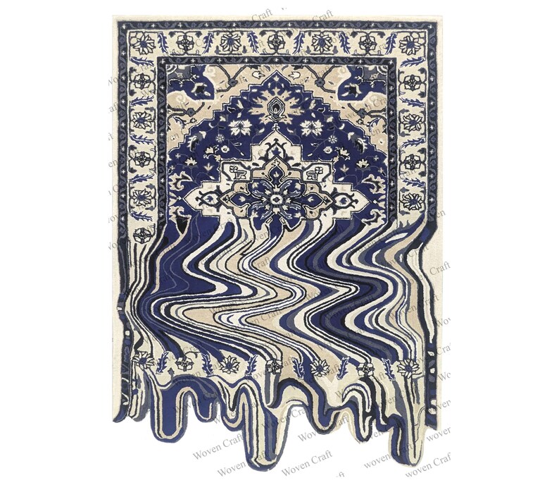 May include: A rectangular rug with a traditional design, featuring a navy blue and beige color scheme. The rug's pattern appears to be melting or flowing at the bottom, creating a unique visual effect. The words "Woven Craft" are printed at the bottom.