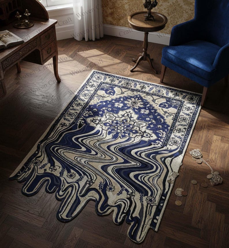 Handmade Wool Area Rug: Indigo Blue Melting Design image 1