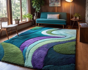 Handtuftad retro abstrakt vågmatta