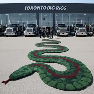 Puede incluir: Una alfombra en forma de serpiente verde y roja conduce a un edificio con el texto "TORONTO BIG RIGS" sobre la entrada. Varios camiones semirremolque están estacionados frente al edificio. Un grupo de personas está de pie cerca de la entrada.