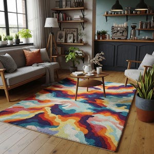 May include: A brightly coloured rug with an abstract pattern is the focal point of the room. The rug displays a mix of vivid colours, such as orange, yellow, blue, and purple. The rug is on a wooden floor, and the room is furnished with a sofa, chairs, and plants.