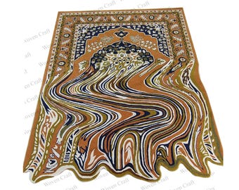 May include: A brown and orange prayer rug with a floral design and a wavy pattern. The rug has a border with a repeating pattern of flowers and leaves.