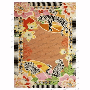 May include: A rug with a floral and leopard print design. The rug has a brown background with pink, yellow, and orange flowers. There are two black leopards on the rug, one on each side. The rug has a black and white border.