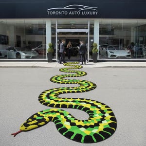 Peut inclure: Un grand tapis en forme de serpent, aux couleurs vives noir, vert et jaune, mène à l'entrée d'une concession automobile de luxe. Le motif du tapis présente un motif répétitif de formes géométriques. Le nom de la concession, "Toronto Auto Luxury", est affiché au-dessus de l'entrée.
