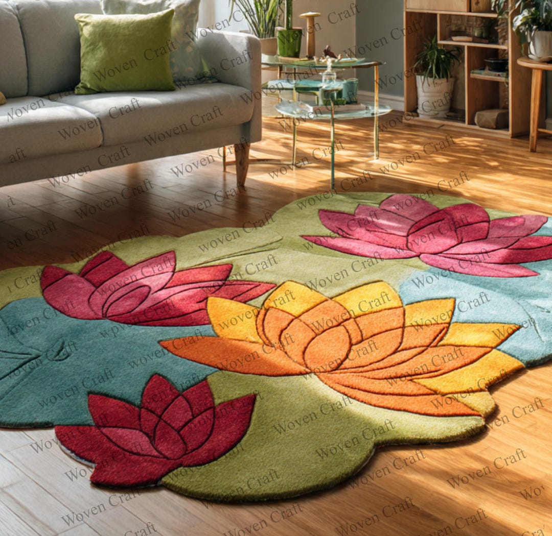 Modern Rug Lotus Rug Lotus Flowers Hand-tufted Wool Rug – Abstract Leaf Design, Modern ...
