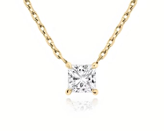 Pendente con taglio principessa in moissanite solitario certificato in oro massiccio 14 carati • Collana con solitario • Collana con moissanite • Collana a strati • Sposa
