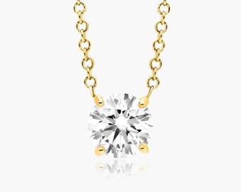 Ciondolo solitario in moissanite a 4 punte in oro massiccio 14k • Delicata collana solitaria • Collana con diamanti fluttuanti • Collana a strati • Da sposa