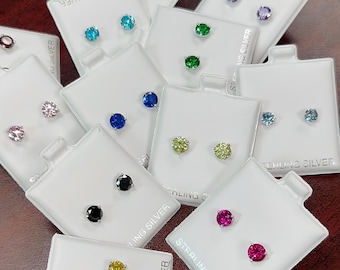 Sterling Silver Birthstone Stud Earrings • Round CZ Stud Earrings • Earrings • Men & Women • Birthday Gift For Her • Mother's Day